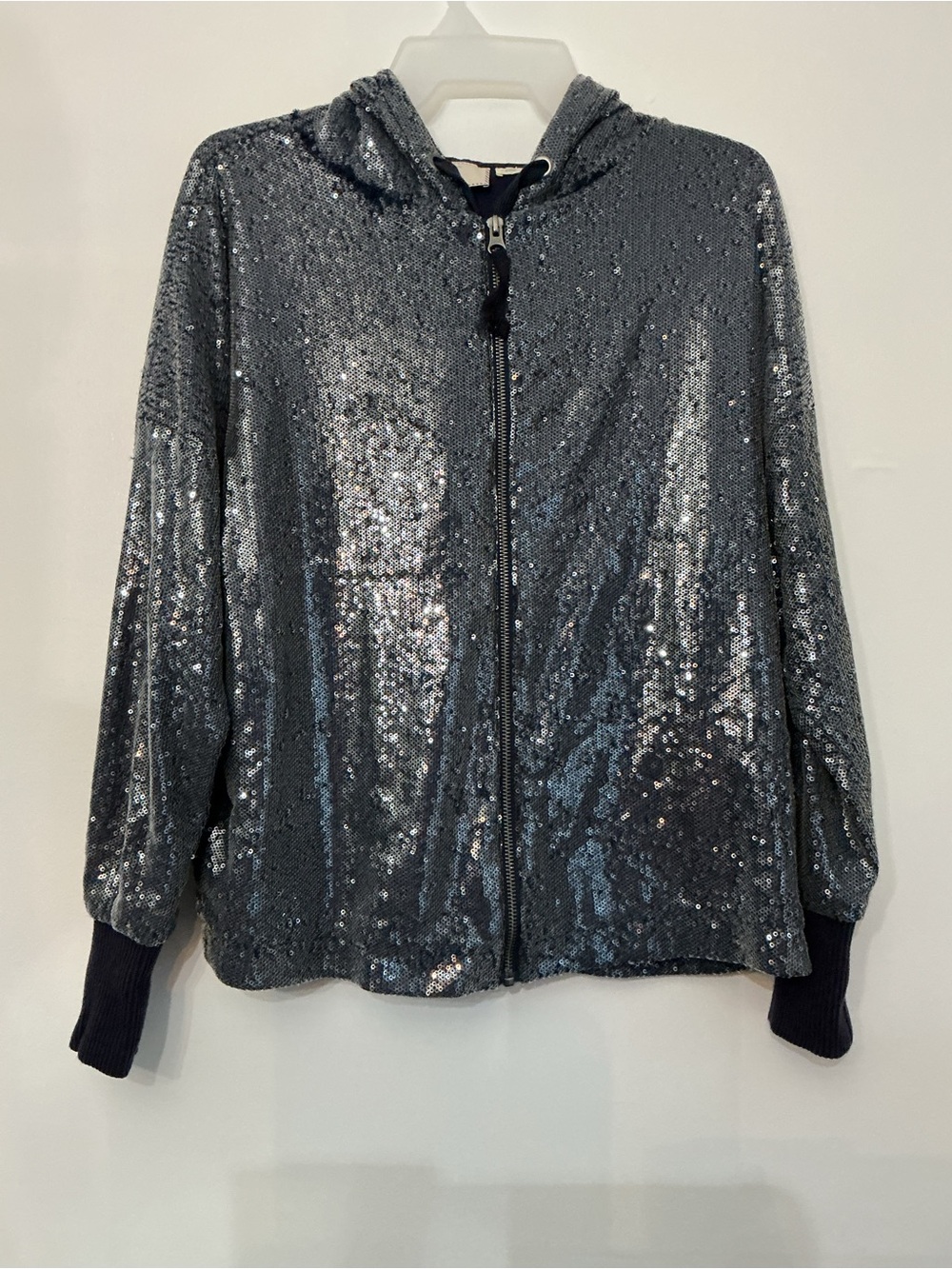 Sequin Zip Hoodie Bomber Jacket in Gunmetal